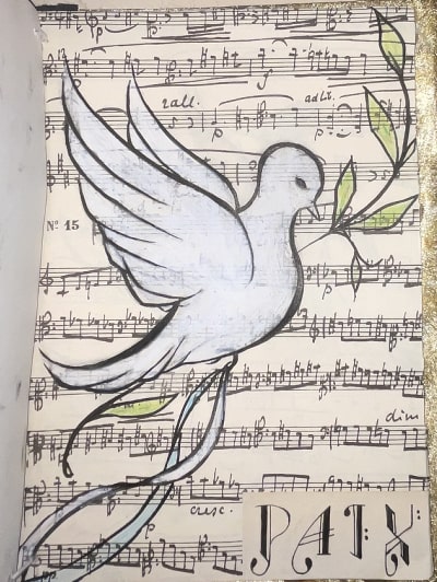 dessin d'une colombe sur une partition de musique